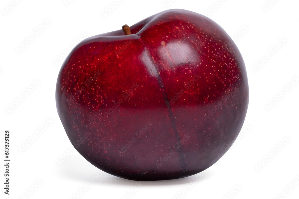 One fresh red plums fruit on white background.