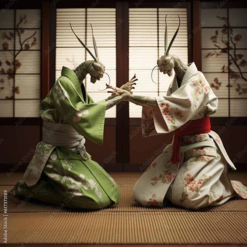 Two praying mantis fighting on the tatami mat