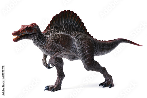 spinosaurus toy stands isolated on white background.