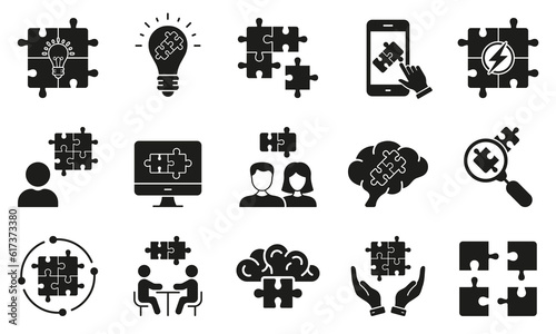 Project Management and Collaboration Glyph Symbol Collection. Jigsaw Puzzle Pieces. Team Connection Silhouette Pictogram. Teamwork, Business Partnership Solid Icon Set. Isolated Vector Illustration