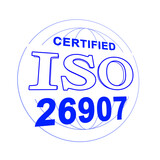 An illustration of ISO 26907 certification, like a stamp, in perspective. White background.
