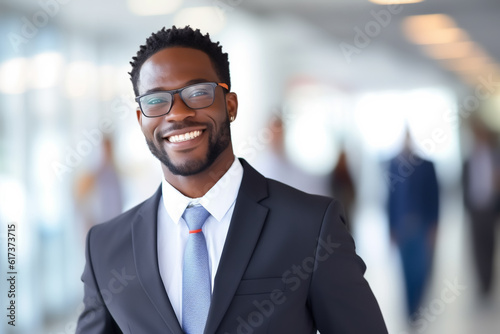 Businessman with dark complexion and glasses and suit and tie smiling at camera - Theme business, career and competence - Generative AI © Steffen Kögler