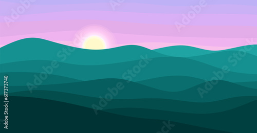 Panorama of sunset landscape. Natural landscape with green hills and mountains. Early morning sunrise scene. Flat vector illustration