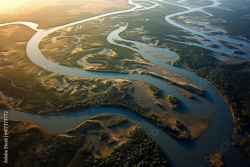 River delta - aerial view of river with many branched river branches and green areas, typical for Africa - Generative AI