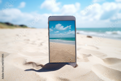 Phone on the sand at the beach.