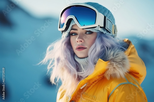 Woman is standing on snowy mountain ski slope. Concept of mountain skiing and snowboarding. Generative ai image.