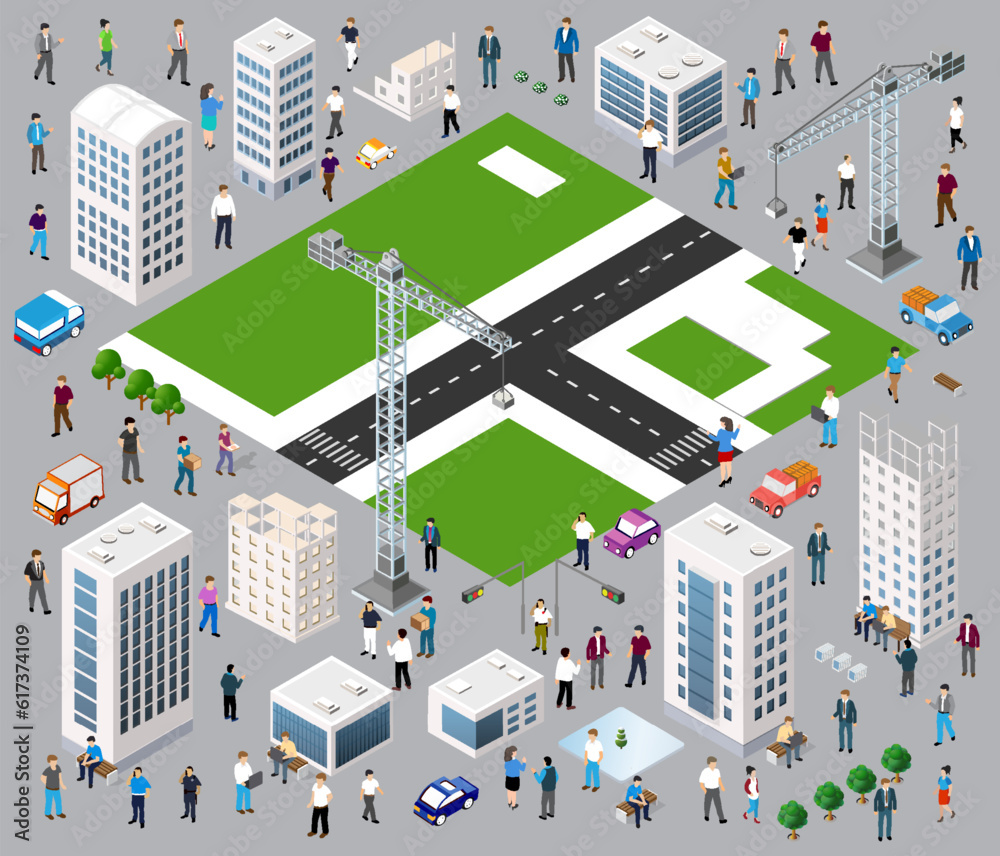 3D isometric rendering of industrial area with streets and people.
