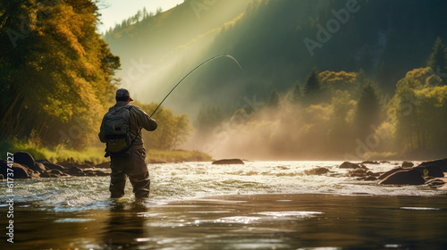 fisherman fishing in a high mountain river photo