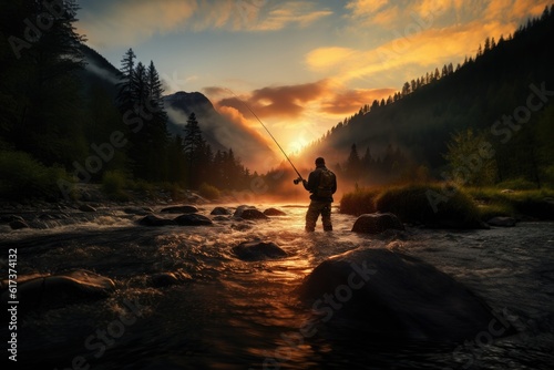 fisherman fishing in a high mountain river at dawn