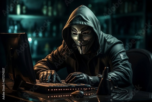 Masked Hacker in a Dark Room - Cybersecurity and Technology Concept