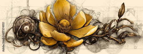 floral, vintage background, flover, products, enginer, generative, ai, steampunk, background, clockwork, brooch, jewelry, wight, yellow
