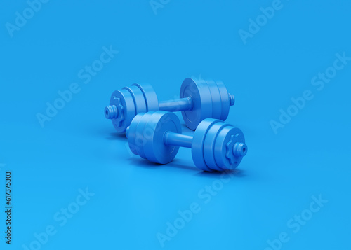 Dumbbell 3d render icon - blue gym equipment, realistic fitness barbell for fit execise accessories