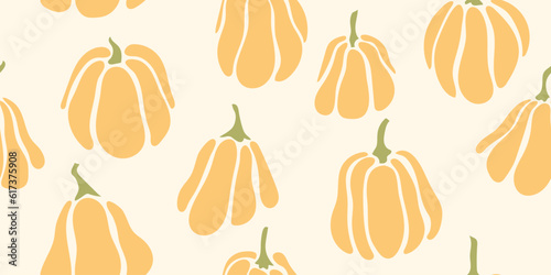 Seamless pattern with pumpkin silhouettes. Matisse style modern pattern. Simple style beige autumn background with squash. Orange gourd.