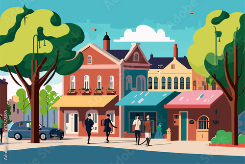 Cartoon medieval town. Vector illustration in flat style. Colorful houses landscape background
