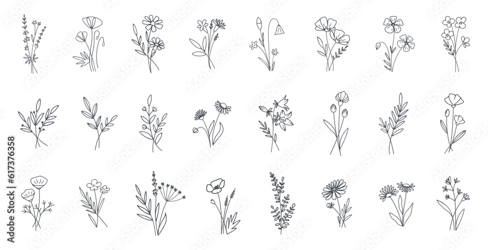 Collection of simple hand-drawn flowers, doodle leaves, branches logo Collection of simple hand-drawn flowers, doodle leaves, branches logo