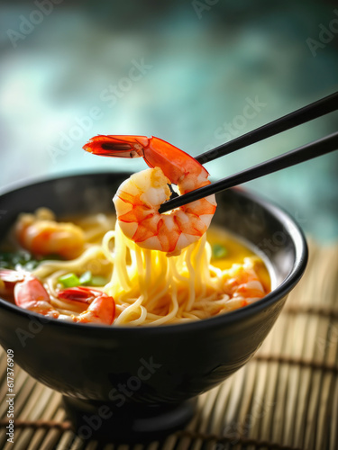 Backlit shot of hot steaming fresh prawn Ramen noodles in a black ceramic soup bowl, with a prawn and some noodles being held up by chopsticks, ready to be eaten. Created by Generative AI.