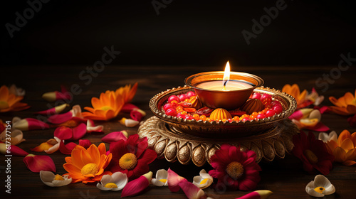 Diwali glowing diya. Indian festival. Copy space
