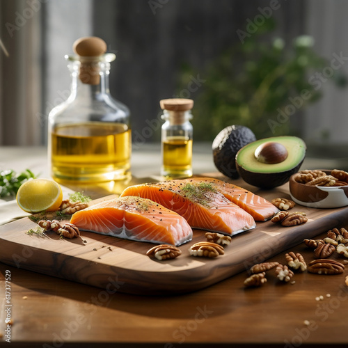 Healthy Fats: Salmon, Oil, Nuts, Avocado - Nutritious Ingredients for a Balanced Diet, Heart Health, and Wellness, Fatty Acids photo