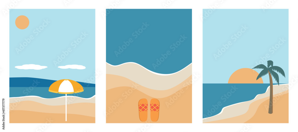  Set of abstract posters summer beach. Vector illustration of summer sea, sky, sand, umbrella, palm. Banner background.