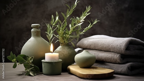spa treatment concept with eucalyptus oil and eucalyptus leaf extract natural on wood table, Generative AI.