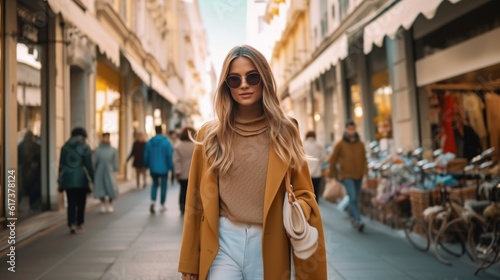 Young beautiful stylish woman walking in pink coat, holding purse in hands, smiling, happy, street style. Generative ai.