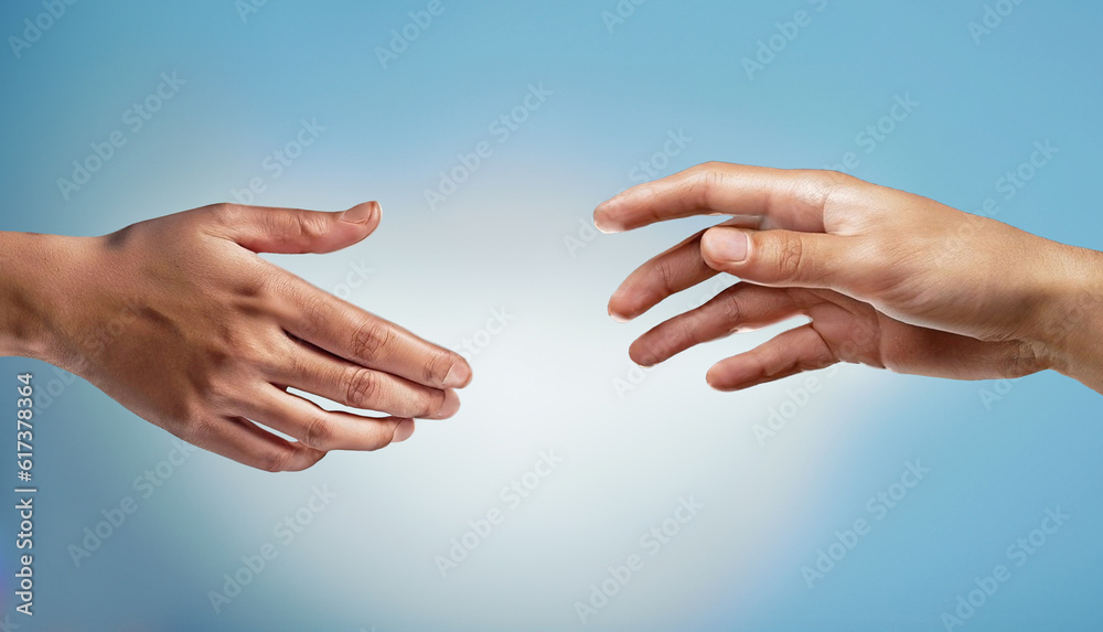 Reach out to someone. Hands reaching towards each other. Concept of human relation, togetherness or partnership.
