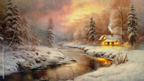 Watercolor paintings rural landscape, river in the forest, winter landscape, fire in windows, old house the forest