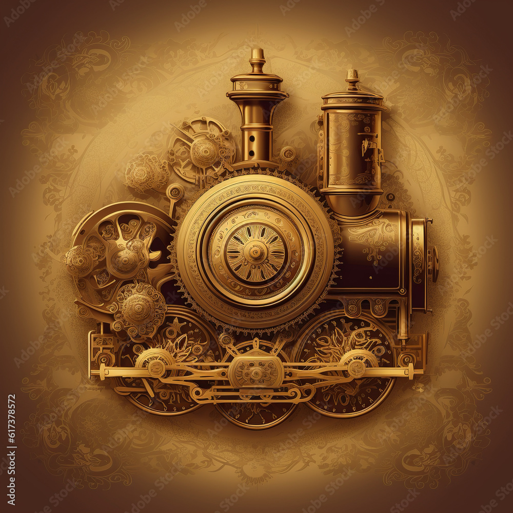 vintage poster with a locomotive, dieselpunk, background, generative, ai, machine, mechanical, steampunk