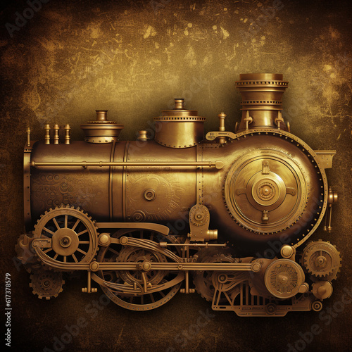 vintage poster with a locomotive, dieselpunk, background, generative, ai, machine, mechanical, steampunk