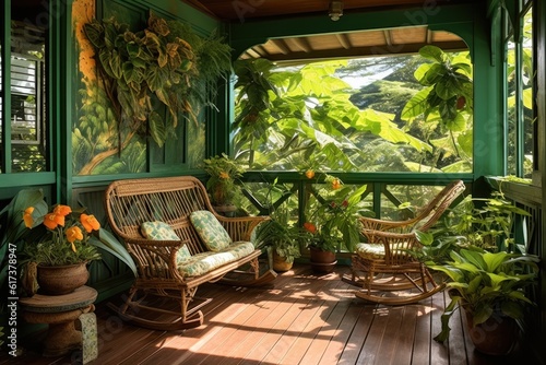 Porch, plants with wall and deck at hous Illustration AI Generative.