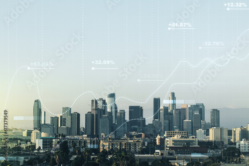 Abstract virtual analytics data spreadsheet on Los Angeles cityscape background, analytics and analysis concept. Multiexposure