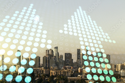 Abstract virtual upward arrows sketch on Los Angeles office buildings background, target and goal concept. Multiexposure