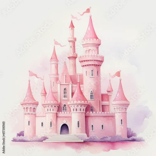 Pink watercolor princess castle isolated. Illustration AI Generative.