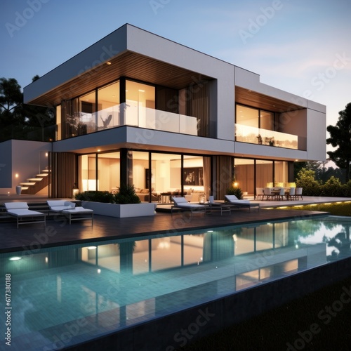 Modern villa with pool. Illustration AI Generative. © olegganko