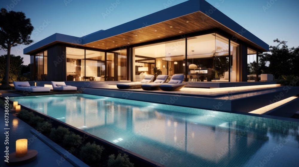 Modern villa with pool. Illustration AI Generative.