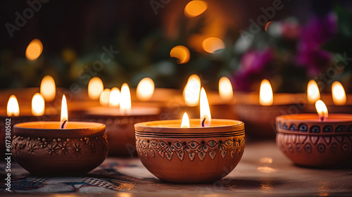 Lit candles in small decorative clay pots and tea light candle burning on round wooden board. celebration, religion, tradition and ceremony concept