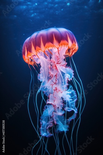 Jelly fish in deep ocean. Illustration AI Generative © olegganko
