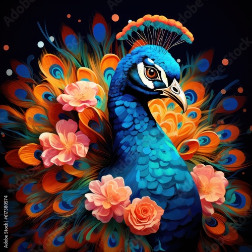Blue peacock background. Illustration AI Generative.