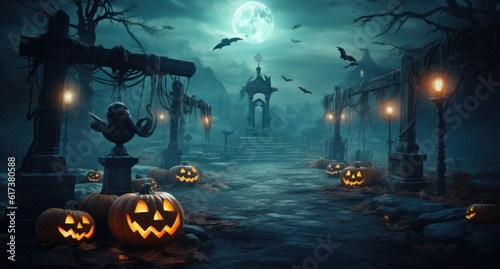 Halloween scene with jackolanterns, ghosts, and skeletons Illustration AI Gen...