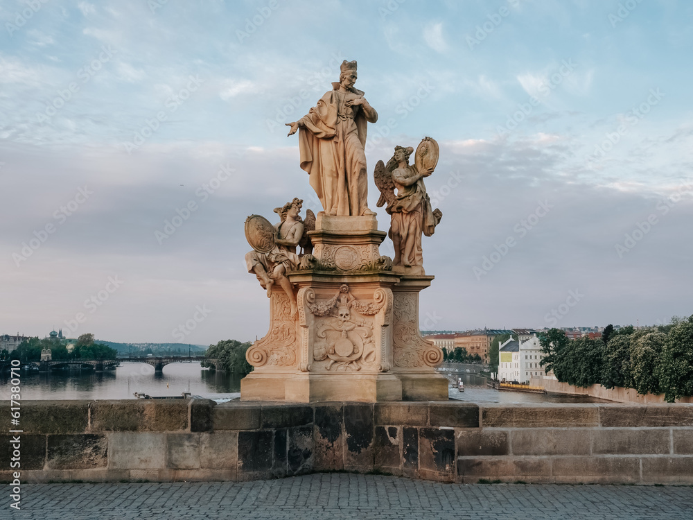 Prague, Czech Republic - 05 12 2023: A statue on Charles Bridge in Prague