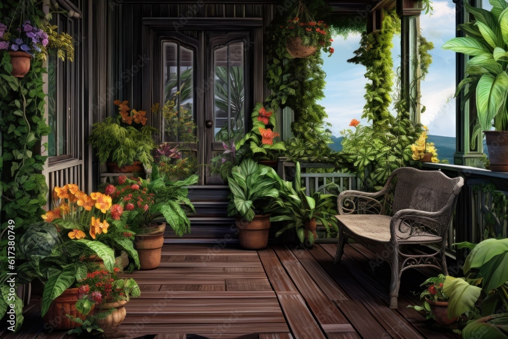 Porch, plants with wall and deck at hous Illustration AI Generative.