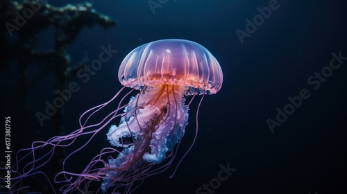 Jelly fish in deep ocean. Illustration AI Generative