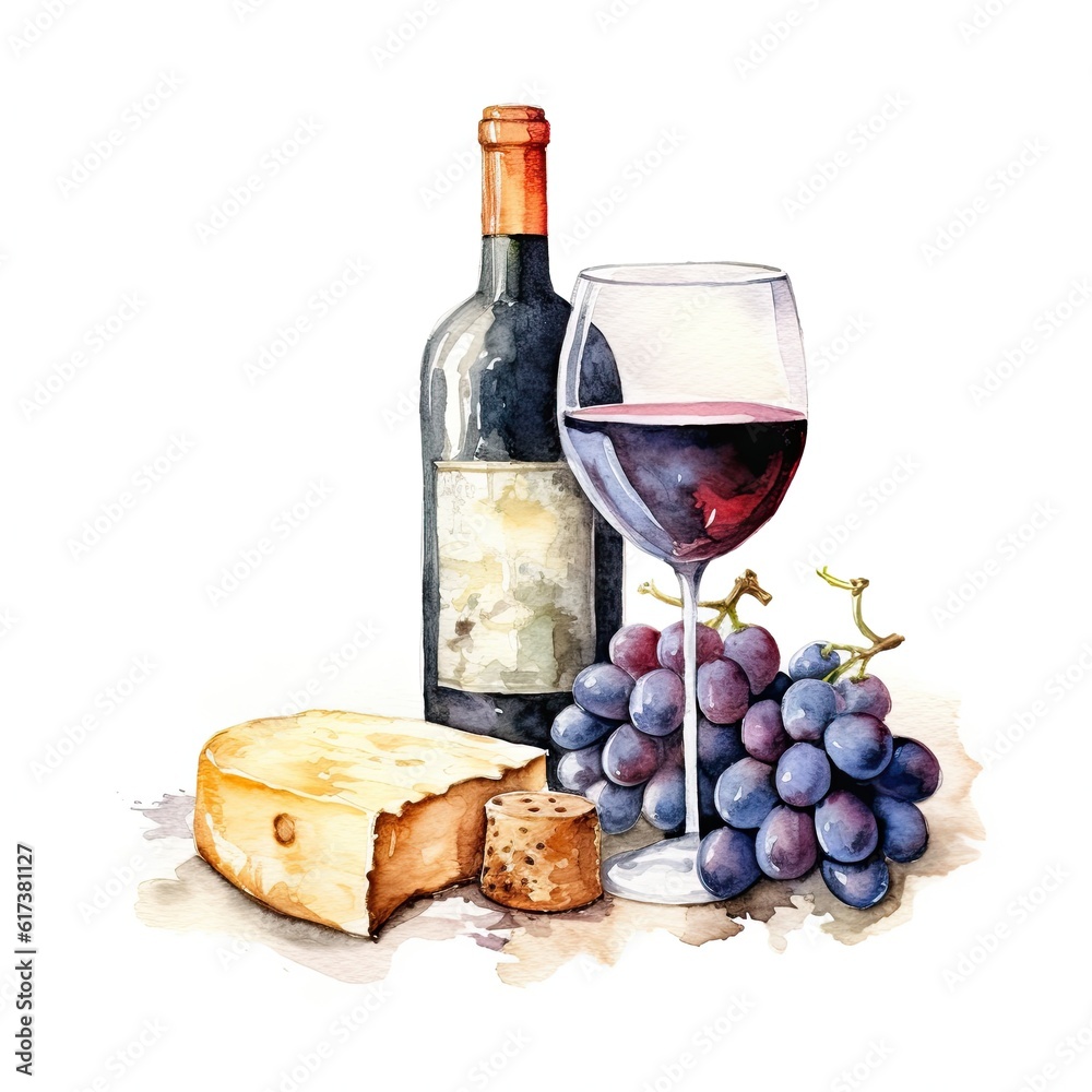 Red wine in glass, grape, cheese platter, wine bottle in watercolour style isolated on white background. illustration. Generative AI.