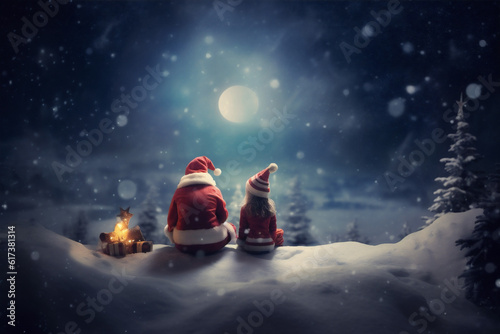 night snow christmas claus moon magic winter year holiday child. Generative AI. © VICHIZH