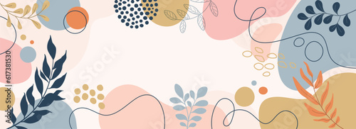 Design banner frame background .Colorful poster background vector illustration.Exotic plants, branches,art print for beauty, fashion and natural products,wellness, wedding and event.