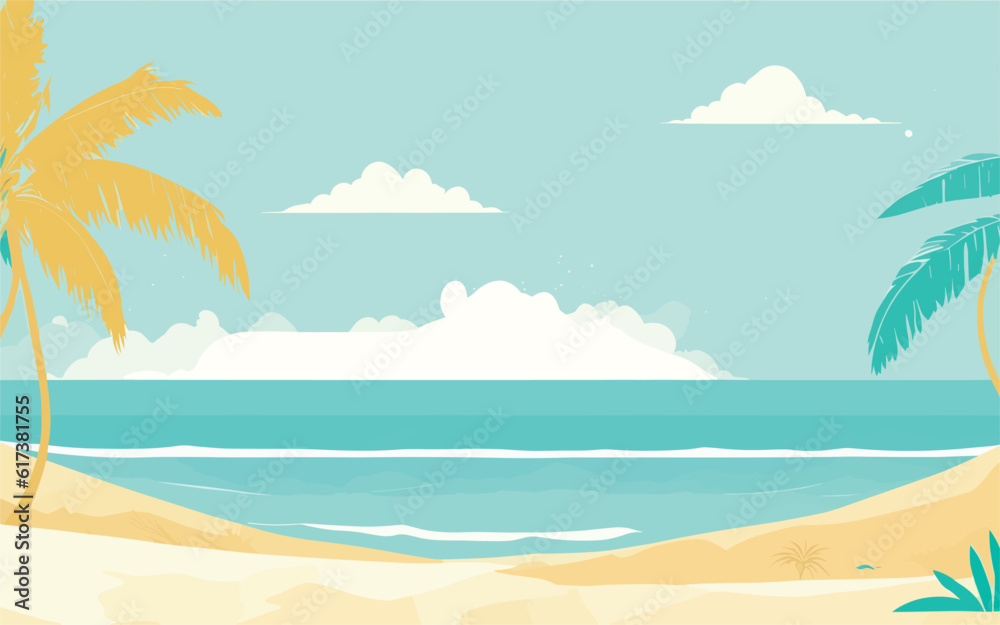 background illustration showcasing a serene coastal scene with golden sand beaches, turquoise waters, and palm trees swaying in the breeze. a minimalist and tranquil ambiance, appealing to beach