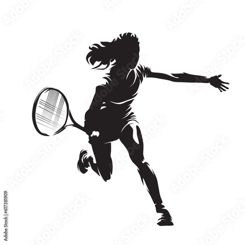 Female tennis player, woman playing tennis, isolated vector silhouette