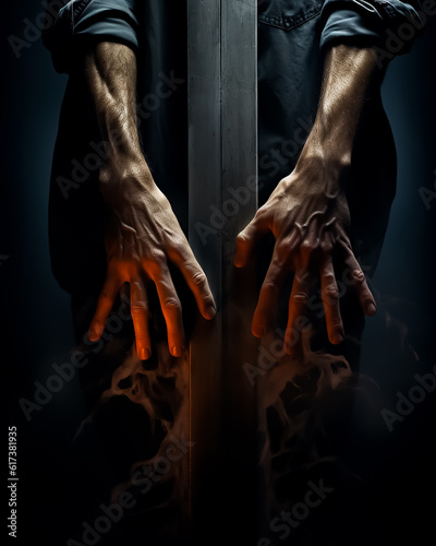 Hollow hands trying to catch you, Dramatic dark scene, vintage door, hollow movie poster photo