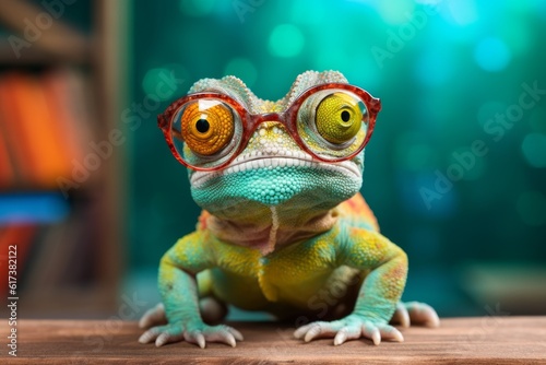 Cute little chameleon with glasses in front of studio bokeh light background