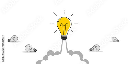 Light bulbs rocket launch. Electric extinct lightbulbs the ground and one took off like a rocket. Concept of business startup and idea or choosing successful idea from many failed ones. Vector.